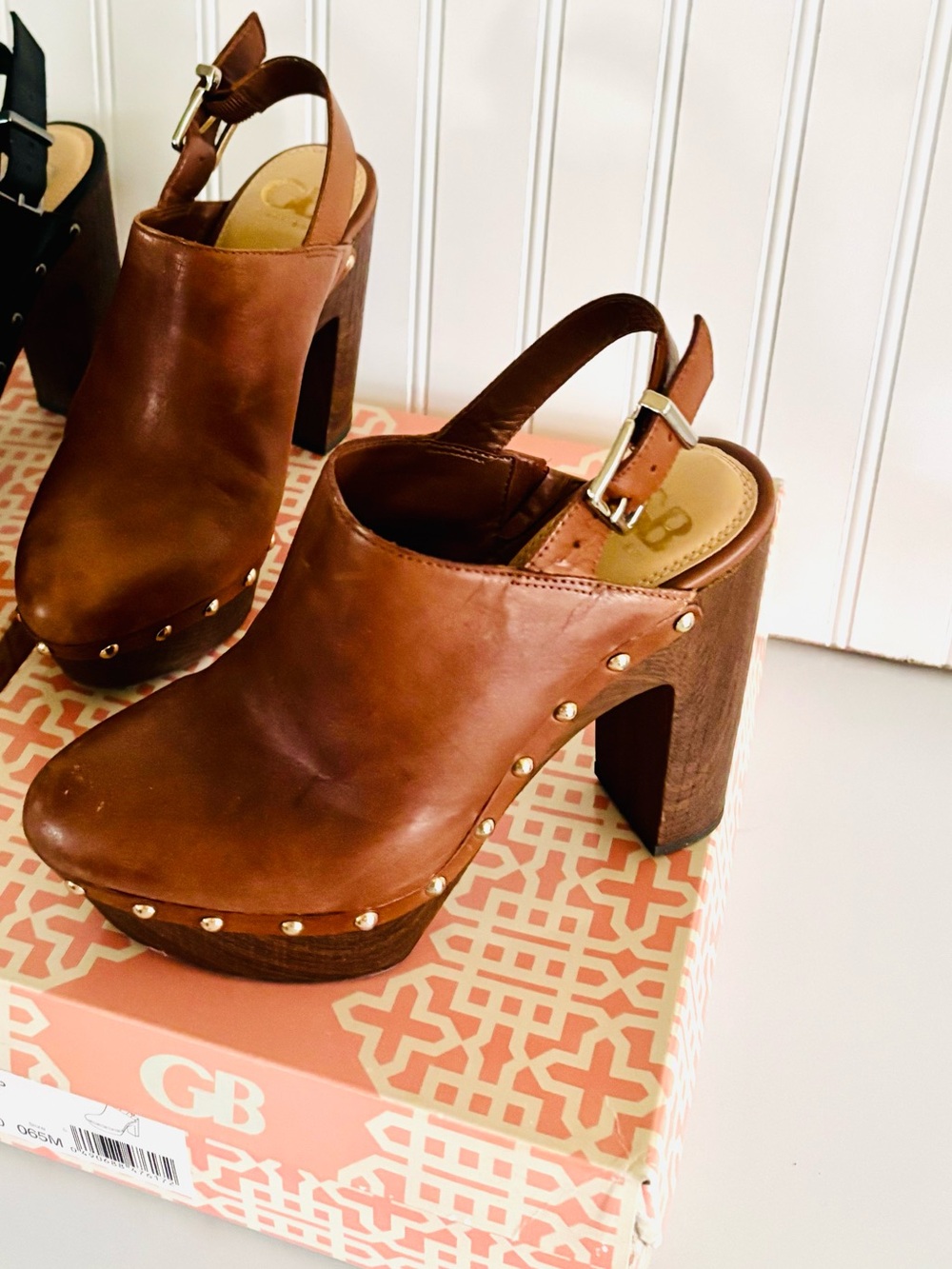 Gianni Bini Brown Leather Studded Platform Slingback Heels
